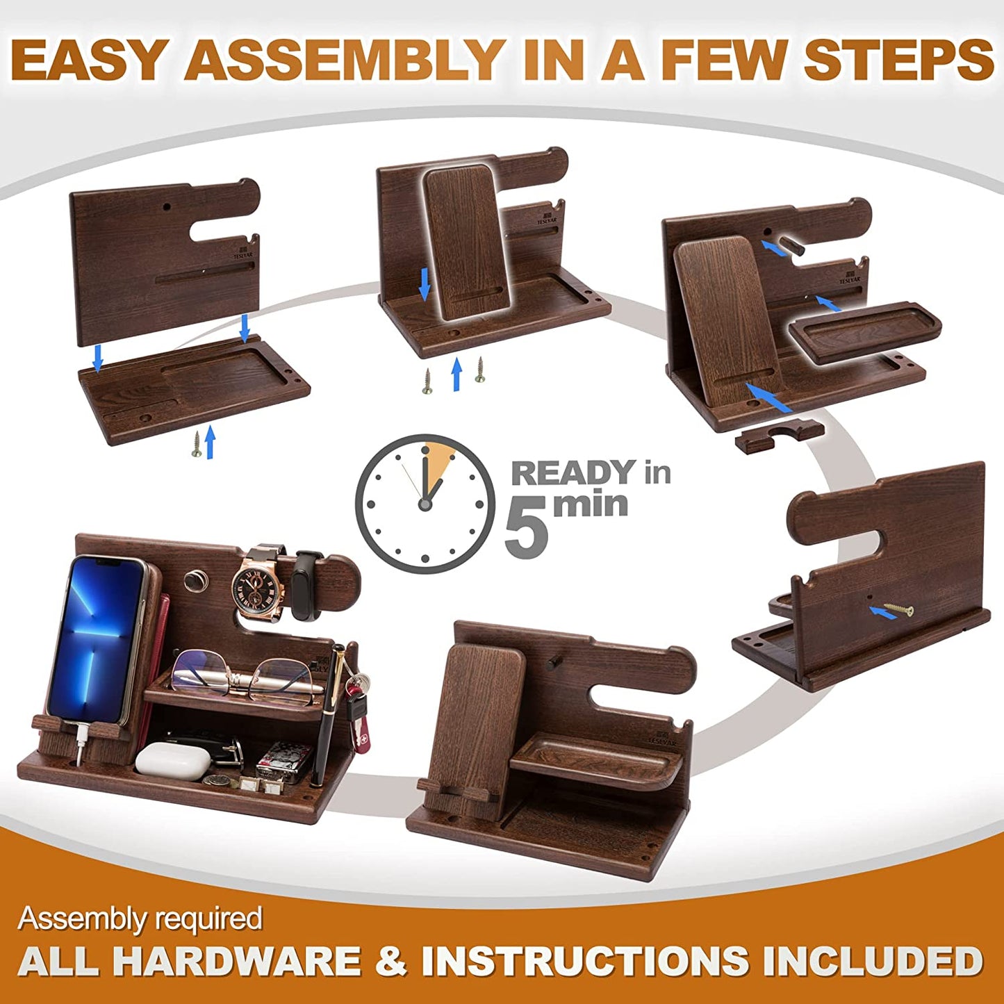 Gifts for Men Wood Phone Docking Station Desk Organizer Fathers Gifts Gifts for Him Xmas Gift Anniversary Birthday Presents Nightstand Key Wallet Stand for Men, Boyfriend, Dad (Brown)