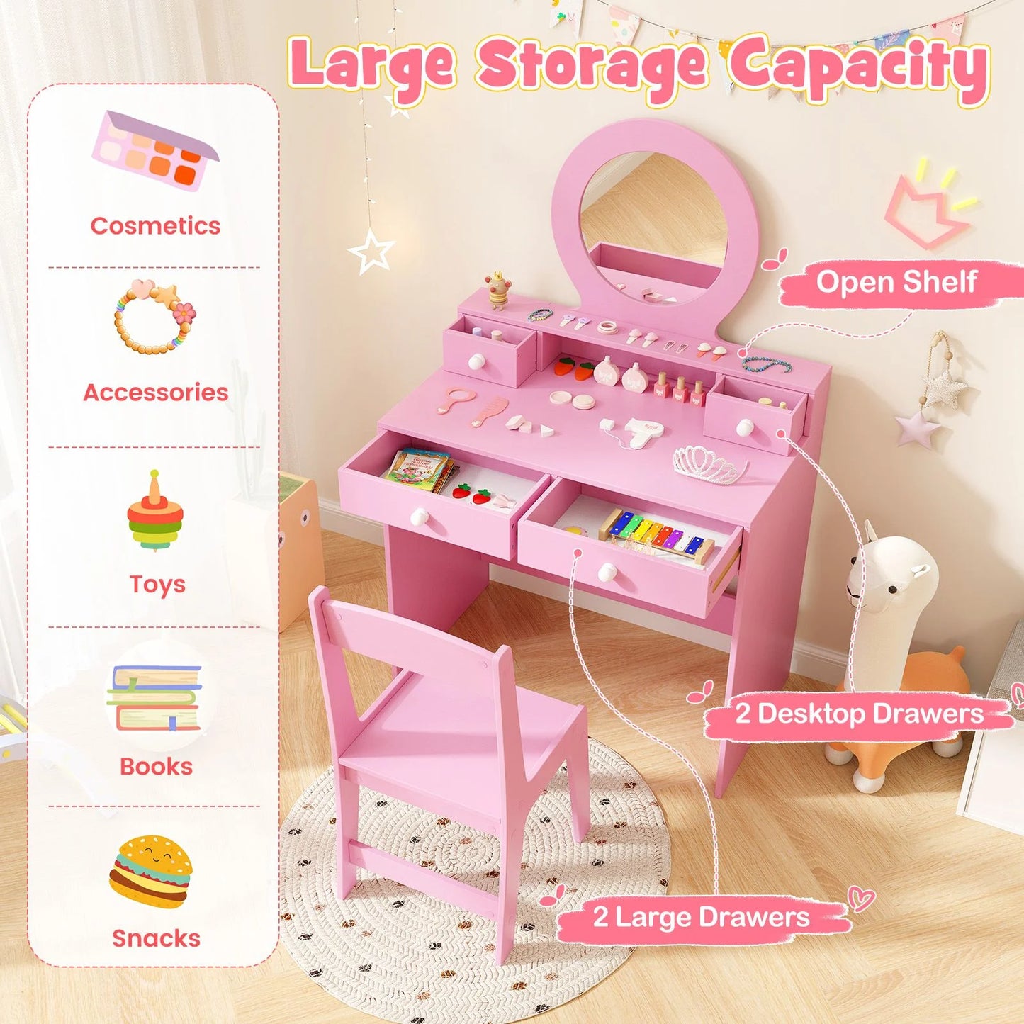 Children's Vanity Set Featuring Open Shelf and Four Storage Drawers