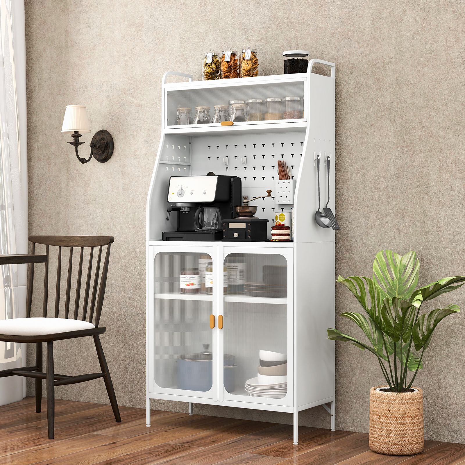 Freestanding Kitchen Pantry Storage Cabinet with Integrated Pegboard Baker Rack