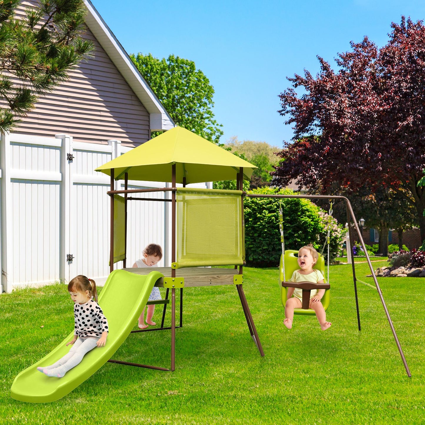 Height-Adjustable 4-in-1 Swing Set with Metal Frame and Ground Stakes