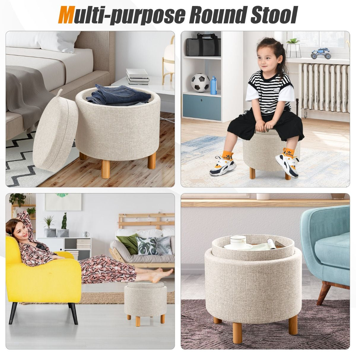 Contemporary Round Padded Ottoman with Concealed Storage Compartment