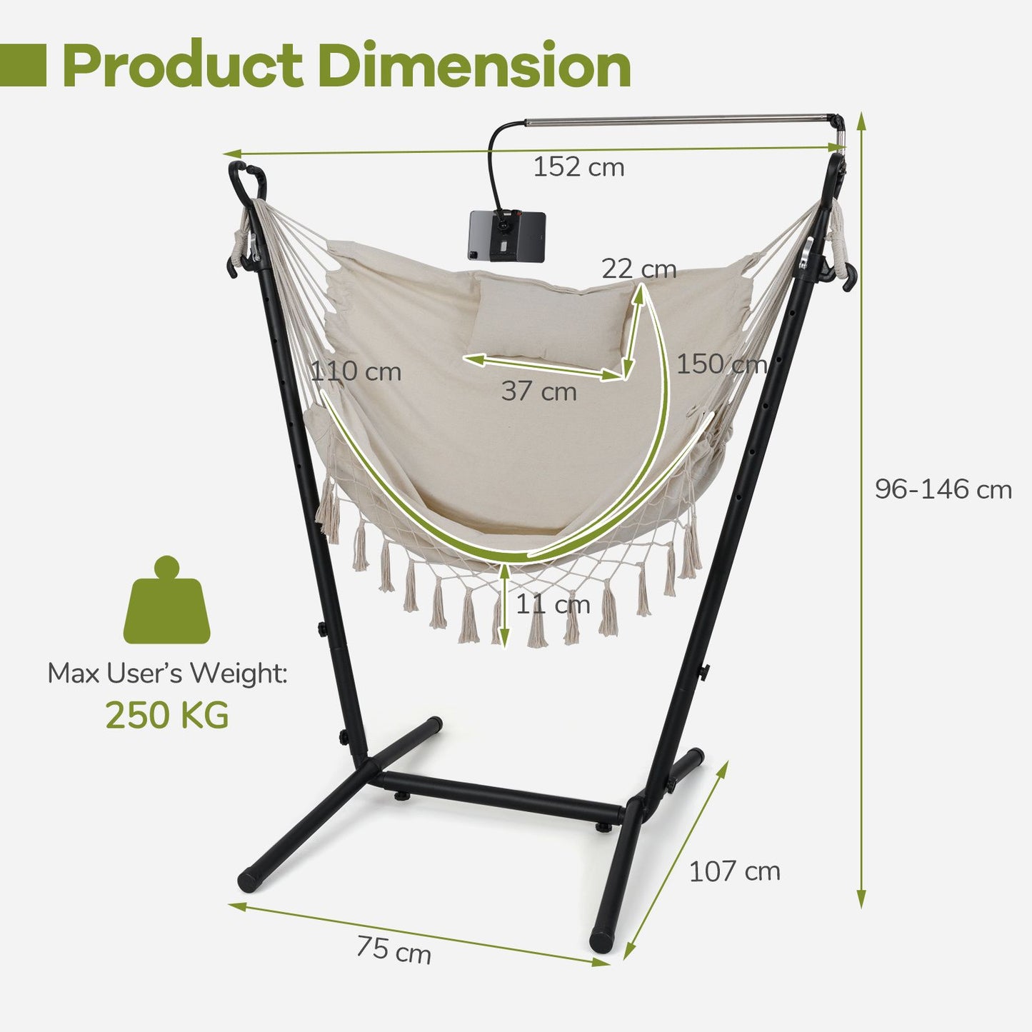 Hammock Chair with Stand and Integrated Phone Holder