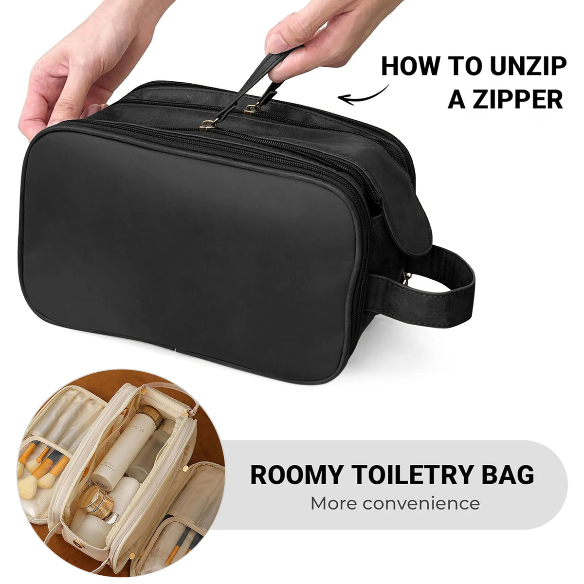 Travel Toiletry Bag for Women Men - Large Travel Toiletry Organizer Makeup Bag, Hanging Cosmetic Bag Kit - Leather