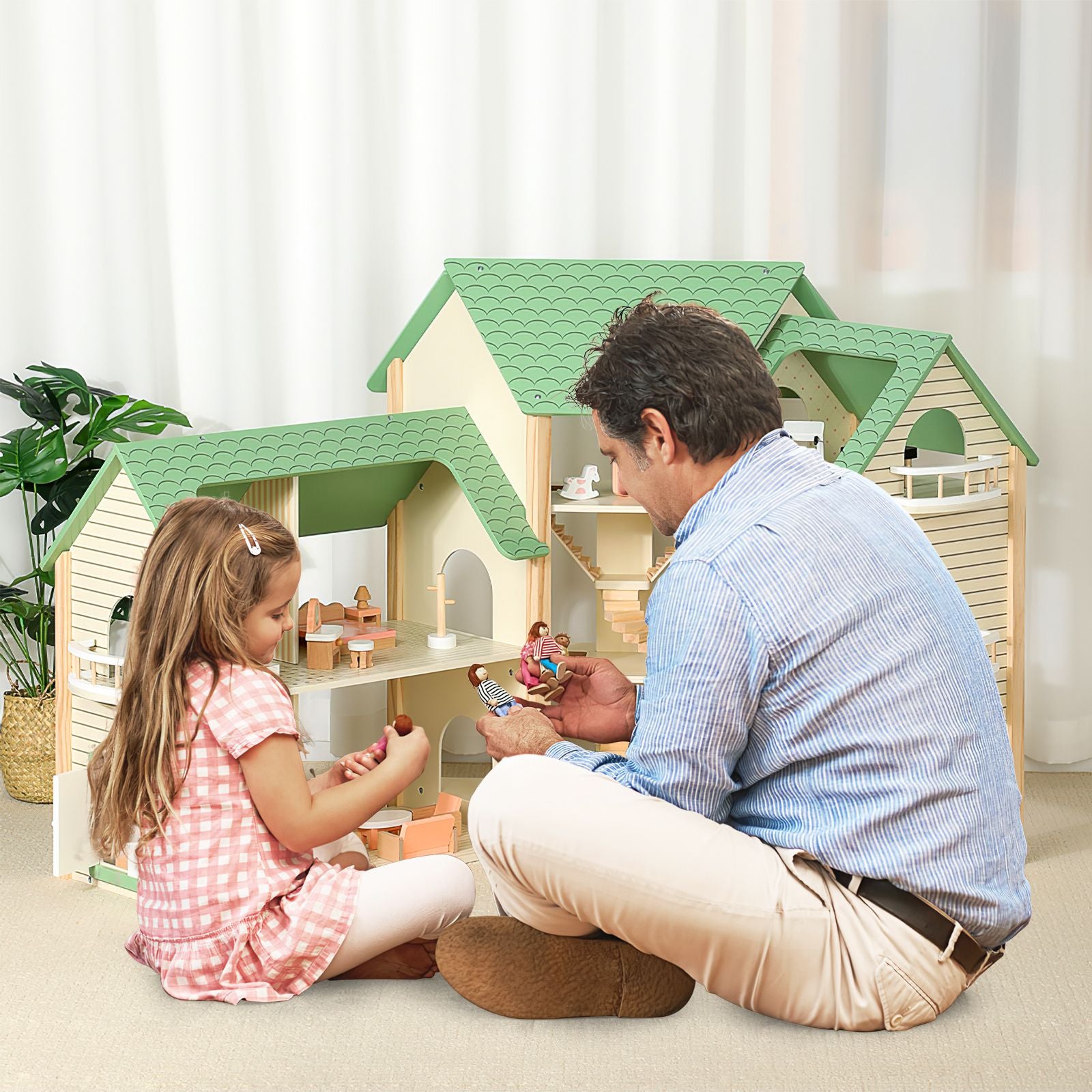 Deluxe Wooden Dollhouse with 36 Accessory Pieces for Children
