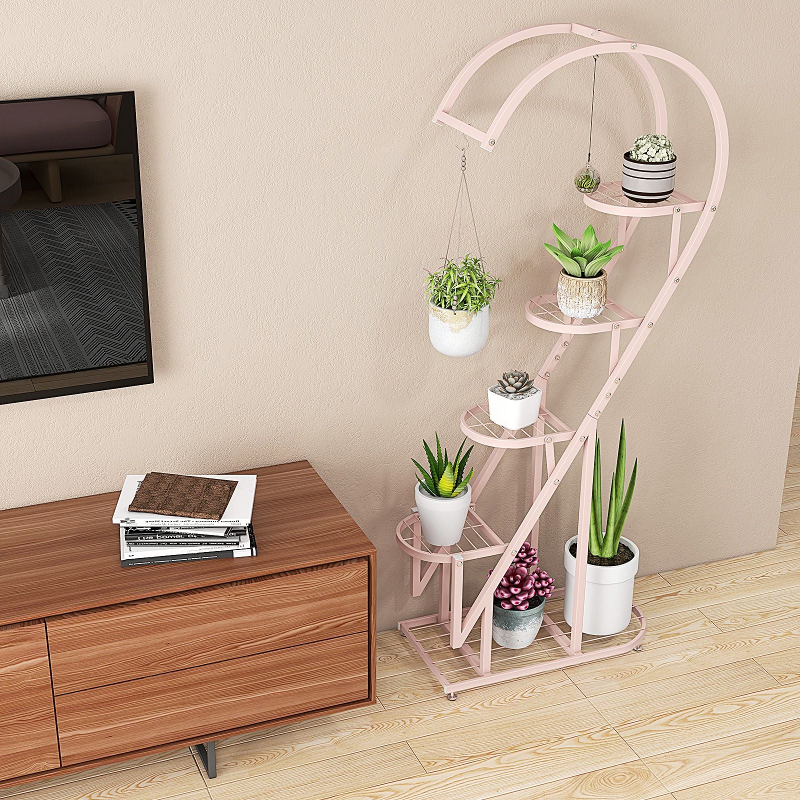 5-Tier Metal Heart-Shaped Plant Stand with Integrated Hanging Hooks