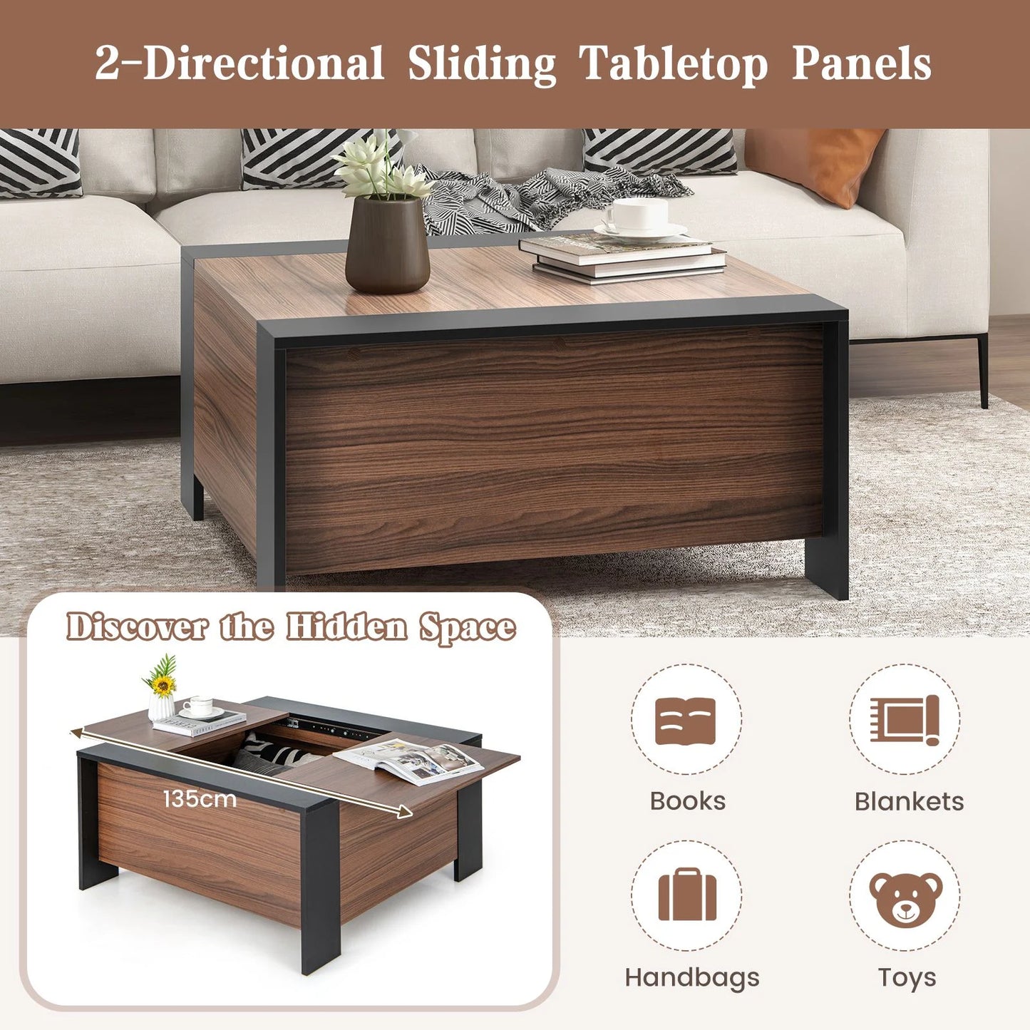92cm Square Coffee Table with Sliding Top and Concealed Storage Compartment