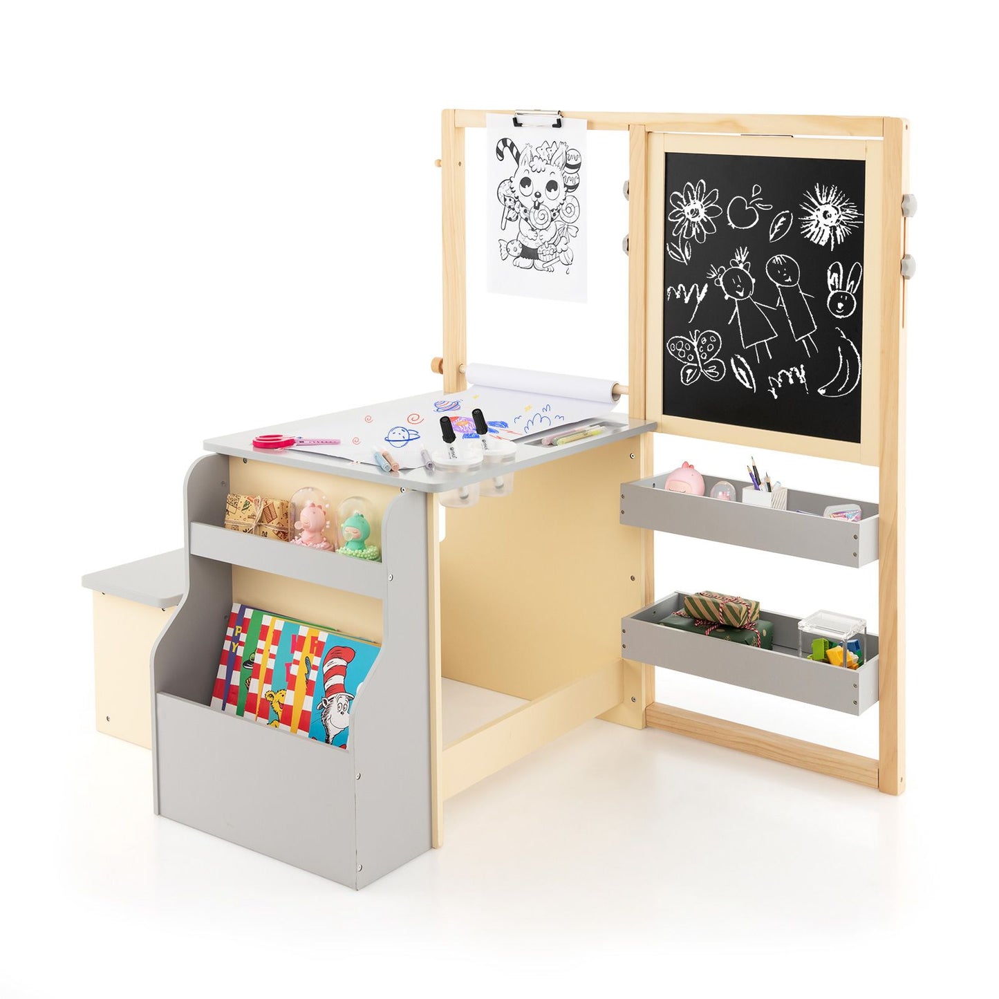 Delightful Children's Art Easel Table and Bench Set with Adjustable Easel and Integrated Bookshelf for Creative Play