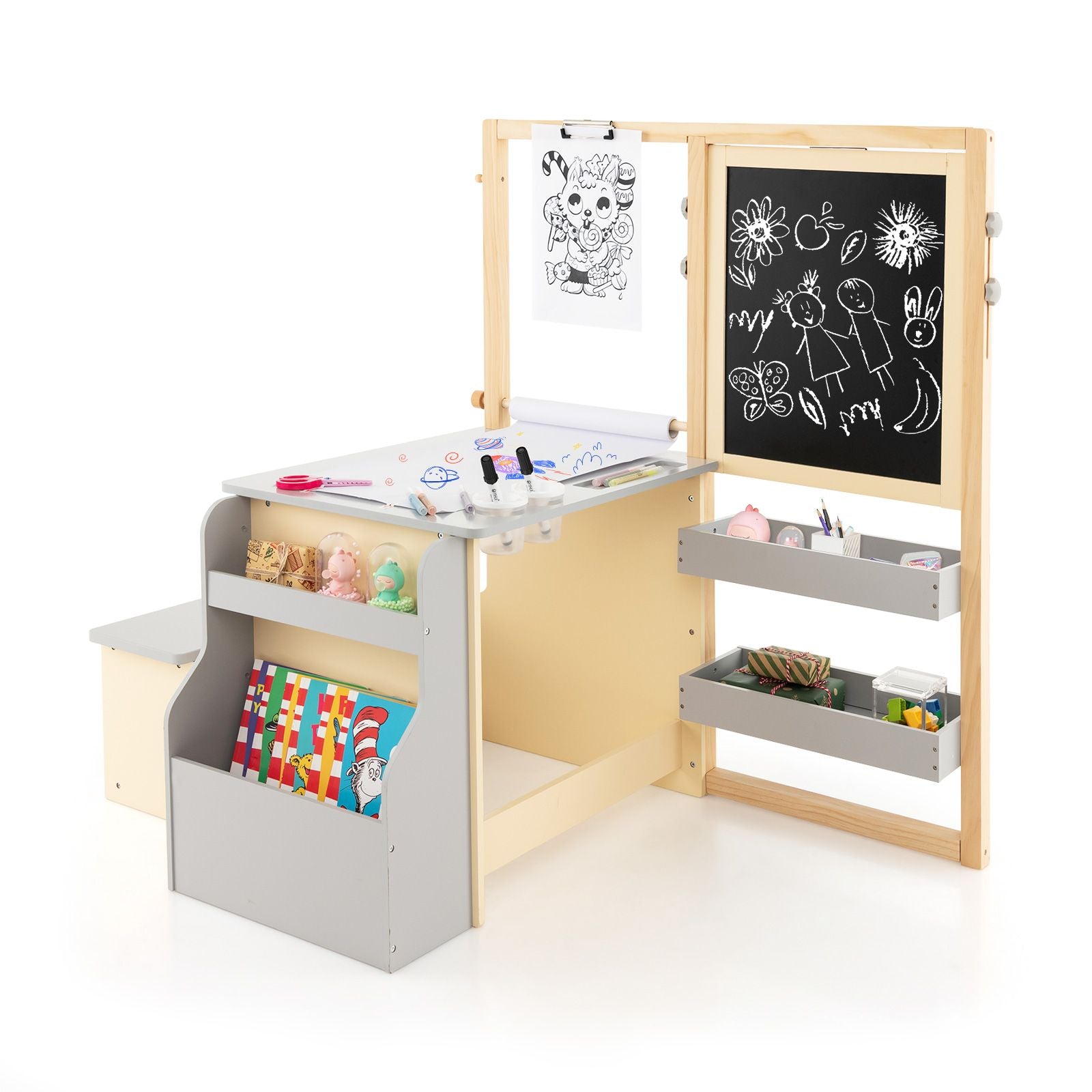 Delightful Children's Art Easel Table and Bench Set with Adjustable Easel and Integrated Bookshelf for Creative Play