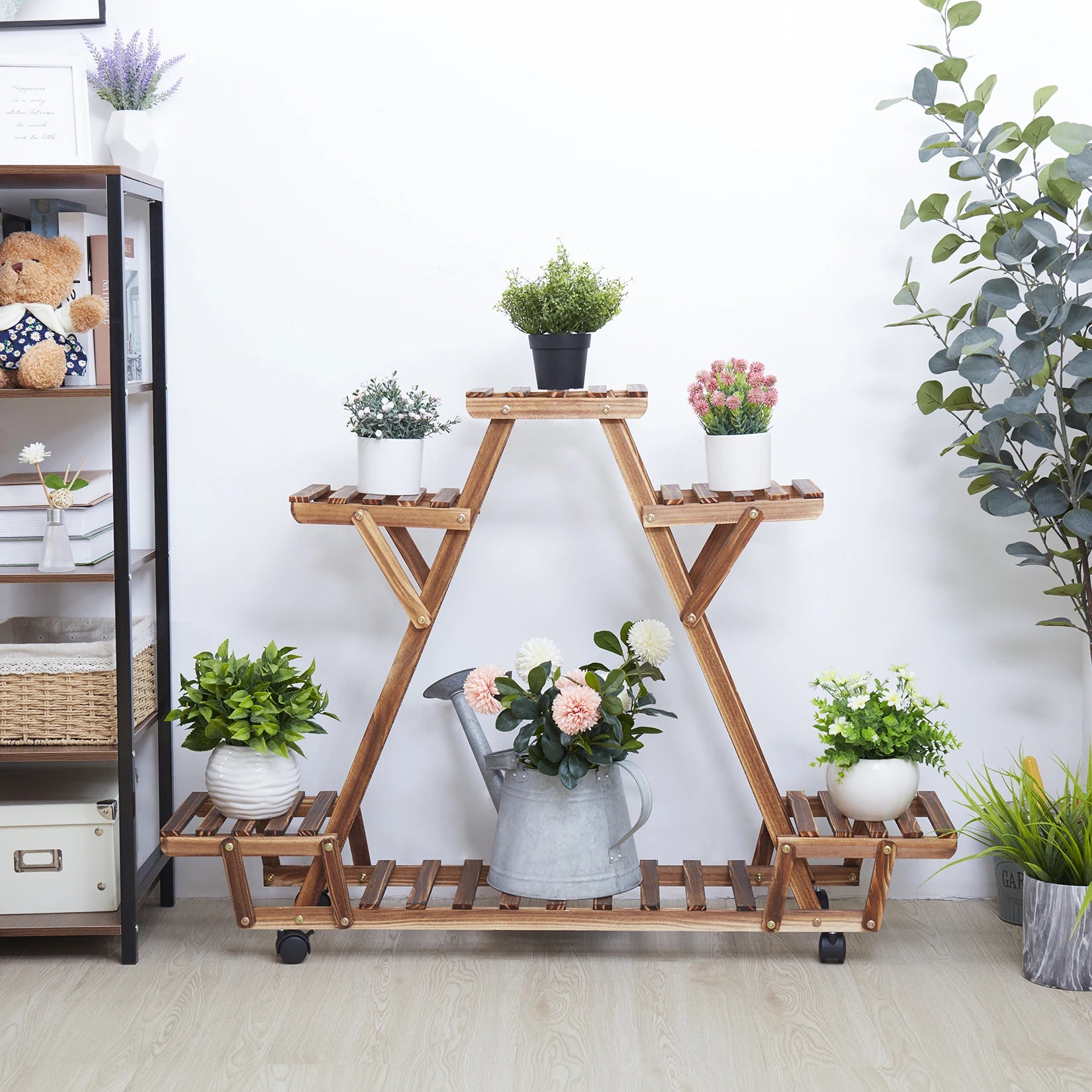 Triangular Plant Shelf 6 Potted Carbonized Wood Plant Holder Flower Pot Stand