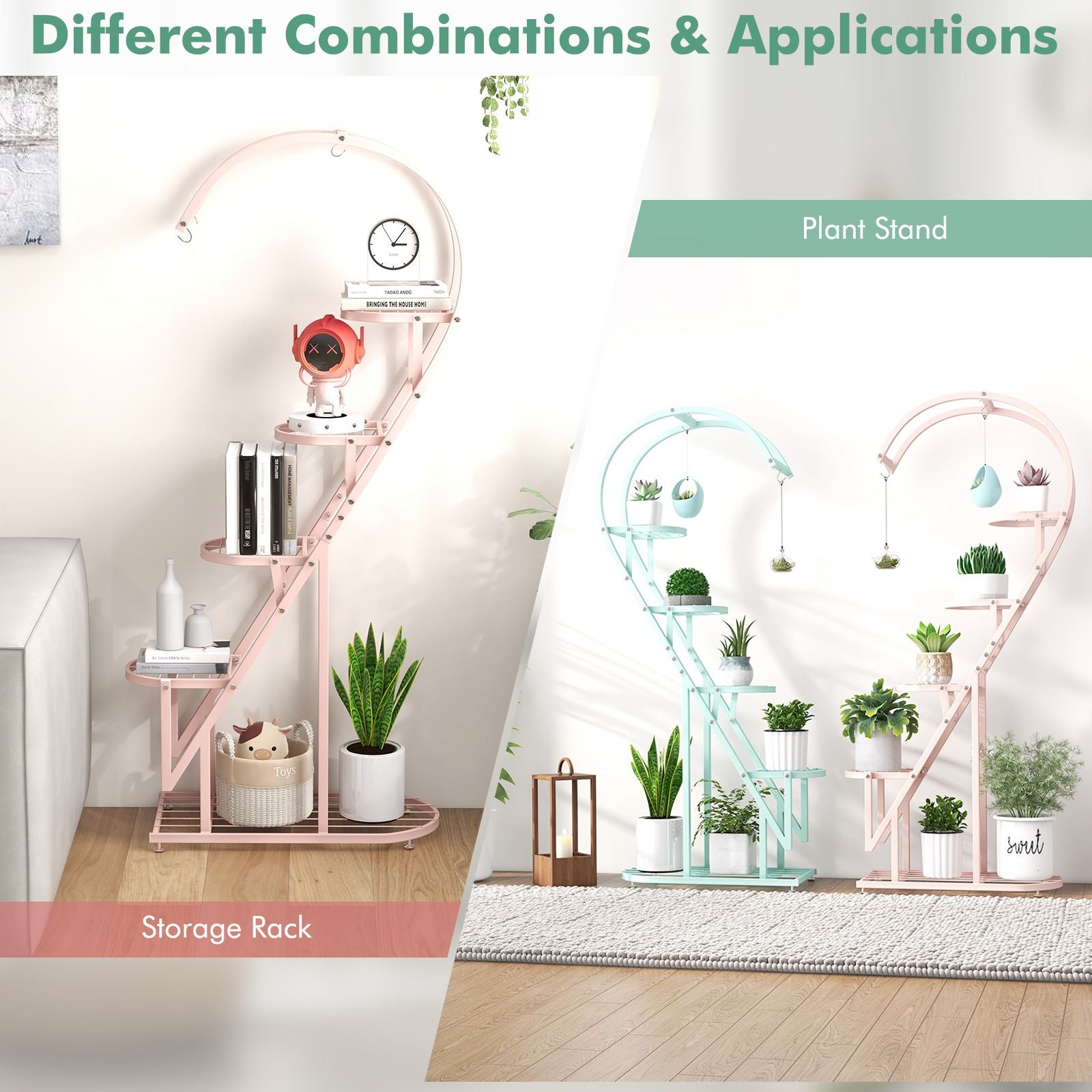 5-Tier Metal Heart-Shaped Plant Stand with Integrated Hanging Hooks