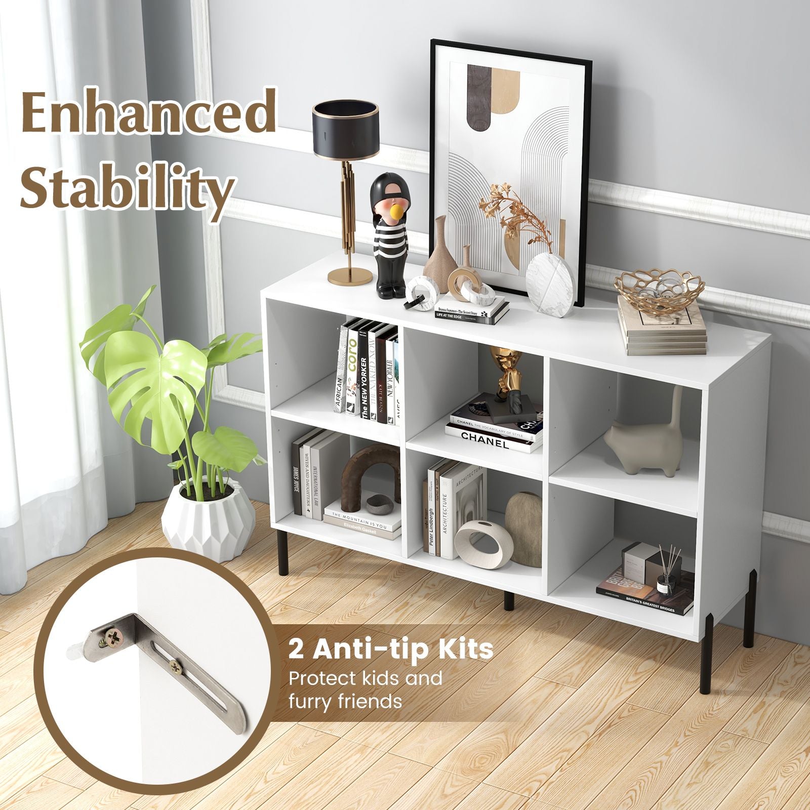6-Cube Storage Bookcase Wooden Open Bookshelf with 5 Metal Legs