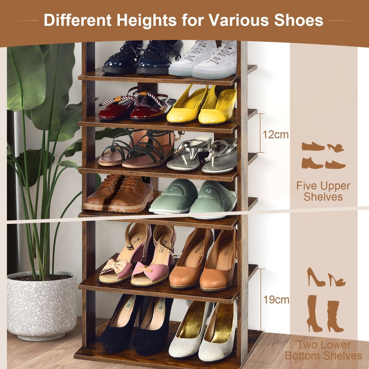 Extra Wide Vertical Wooden Shoe Rack with 7 Shelves