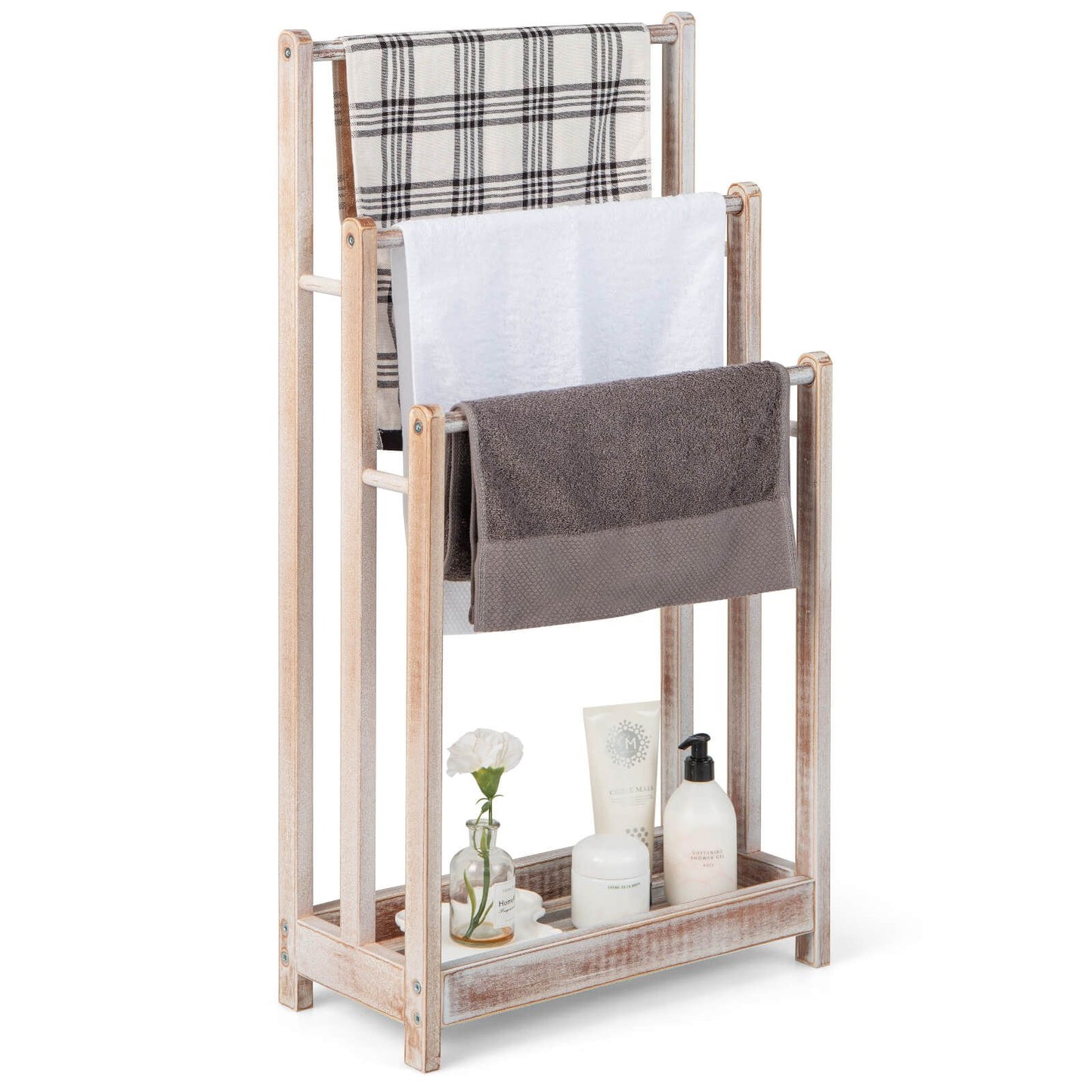 Freestanding Wood Towel Rack with 3 Individual Bars and Bottom Storage Shelf