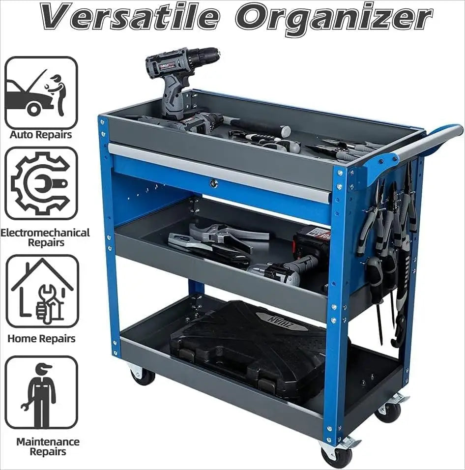 Versatile AIRAJ 3-Tier Rolling Tool Cart with Drawers and Pegboard - Heavy-Duty Metal Utility Cart for Efficient Storage and Easy Mobility