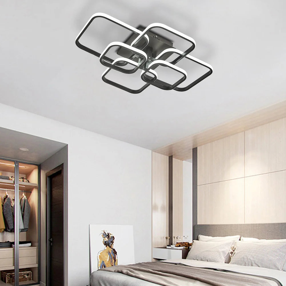 Sleek Modern Square LED Chandelier - Dimmable Cool White Light with Black Frame, 6 Heads