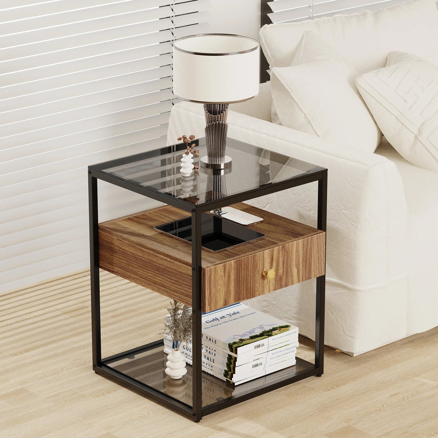 Tempered Glass Side Table with Drawer and Shelf.
