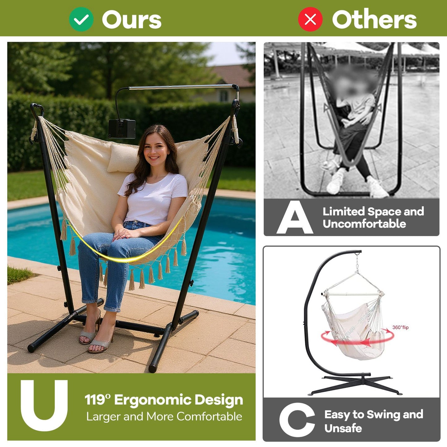 Hammock Chair with Stand and Integrated Phone Holder