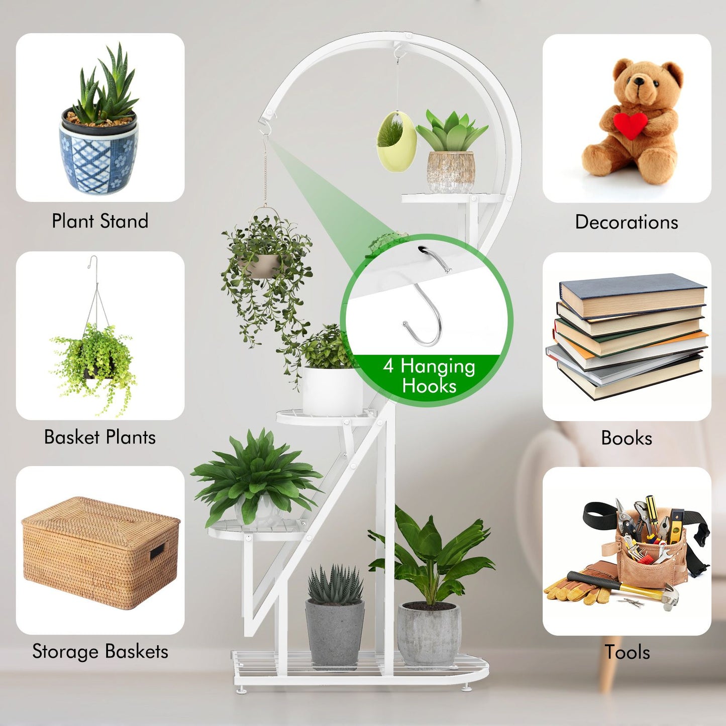 5-Tier Metal Heart-Shaped Plant Stand with Integrated Hanging Hooks