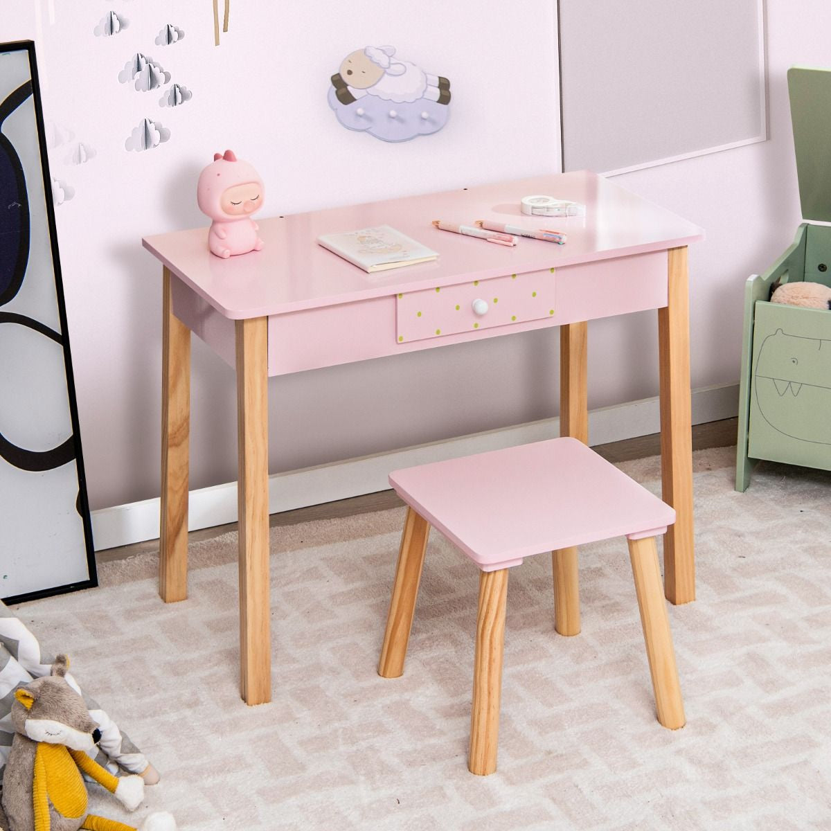 Enchanting Toddler Girls' Dressing Table with Mirror & Stylish Storage Drawer