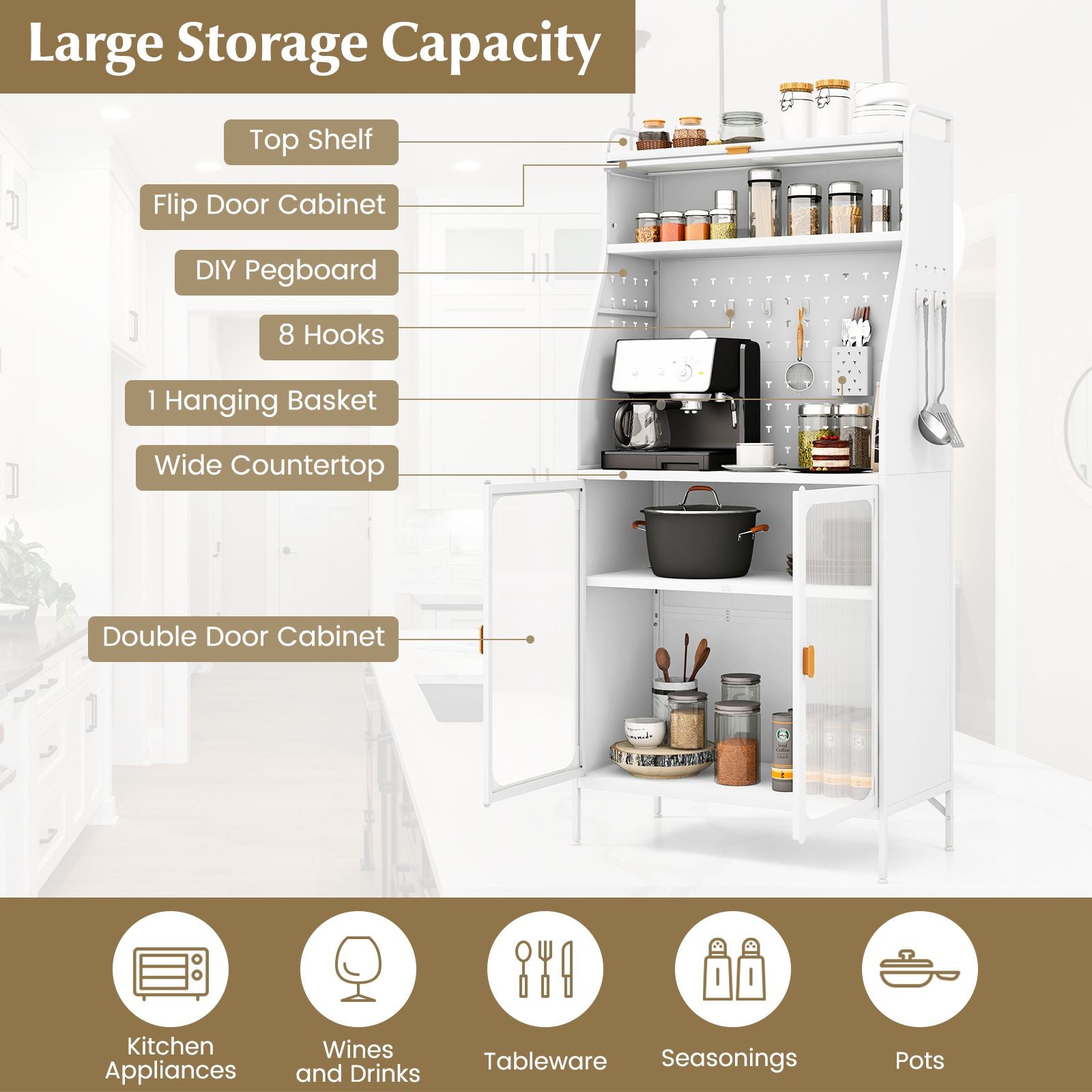 Freestanding Kitchen Pantry Storage Cabinet with Integrated Pegboard Baker Rack