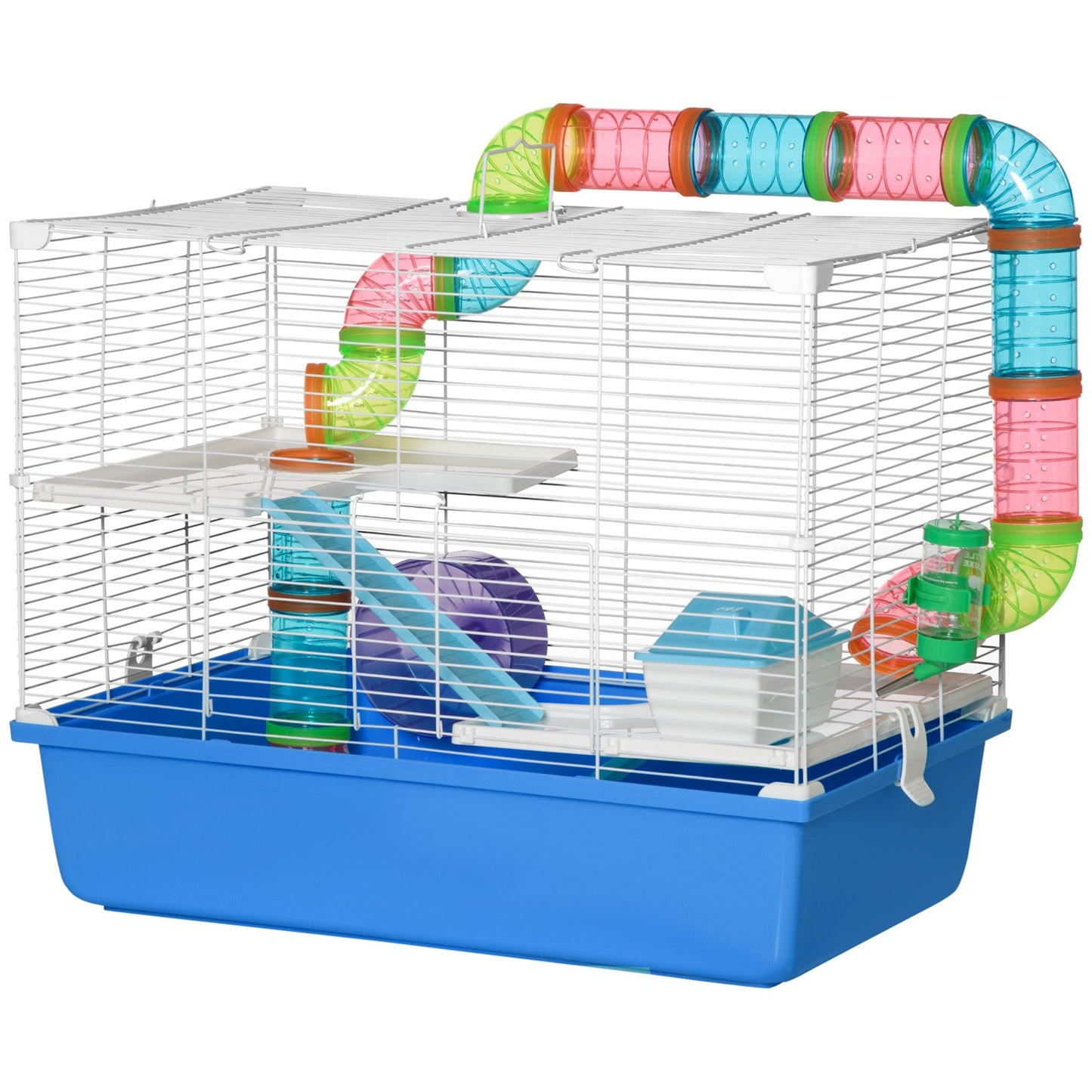 Blue Hamster Cage with Fun Tubes, Exercise Wheel, Water Bottle, and Food Dish