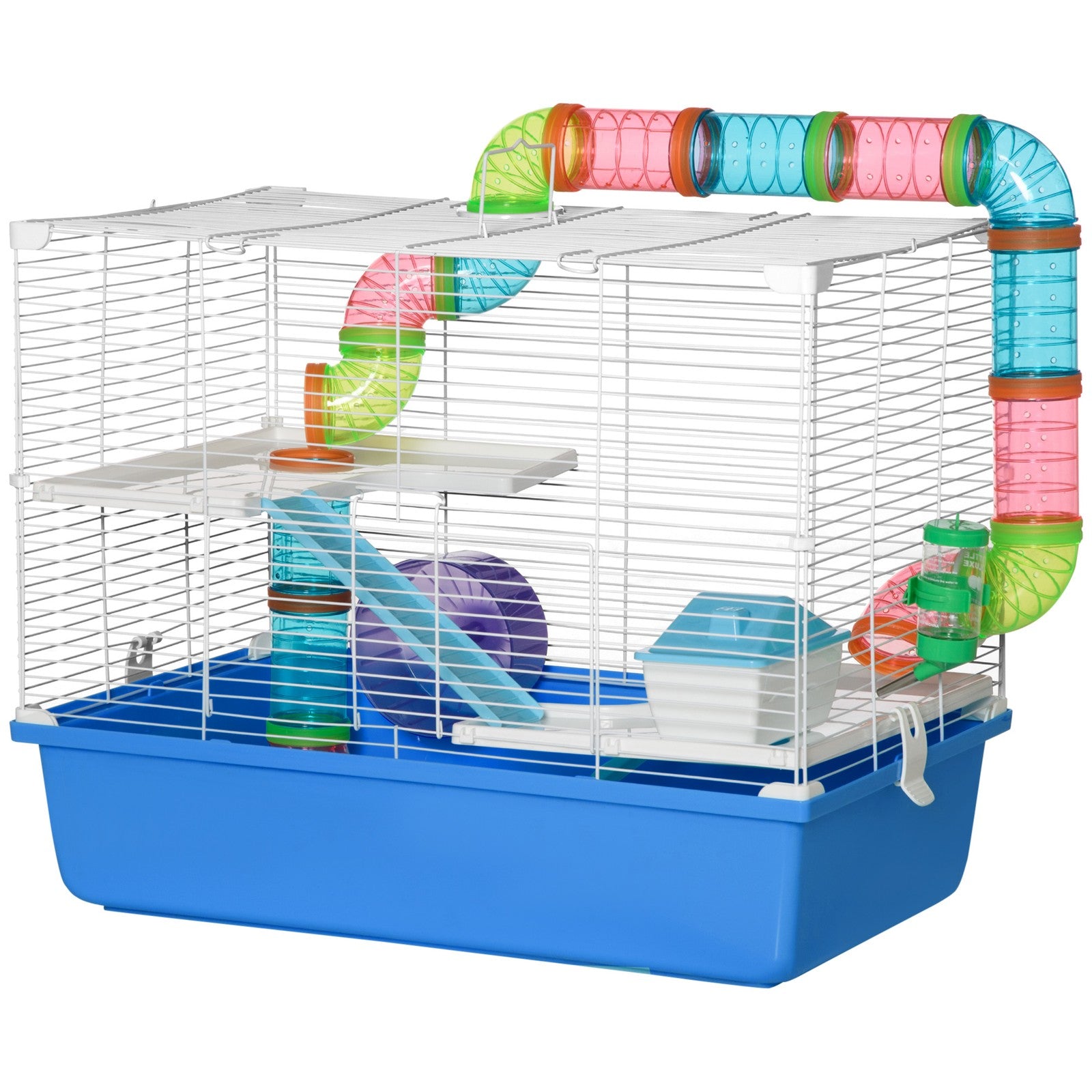 Blue Hamster Cage with Fun Tubes, Exercise Wheel, Water Bottle, and Food Dish