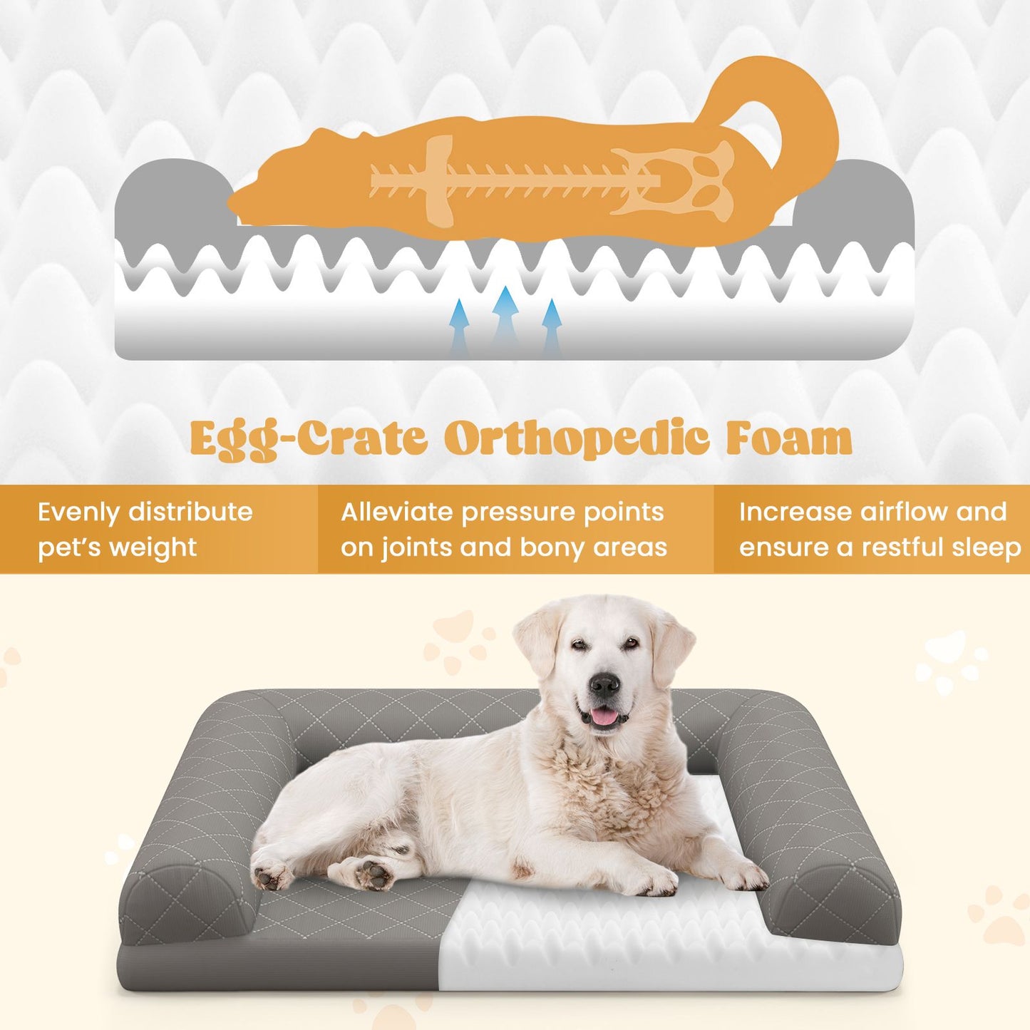 Orthopedic Egg-Foam Dog Crate Bed with Three-Sided Bolster Support