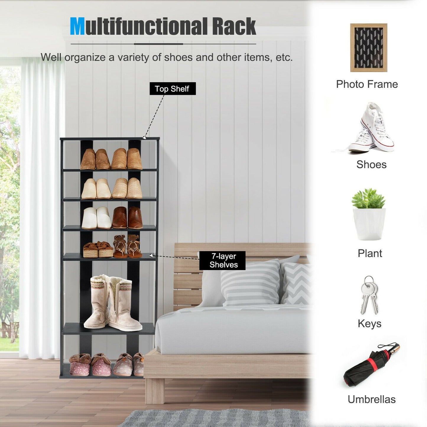 Extra Wide Vertical Wooden Shoe Rack with 7 Shelves