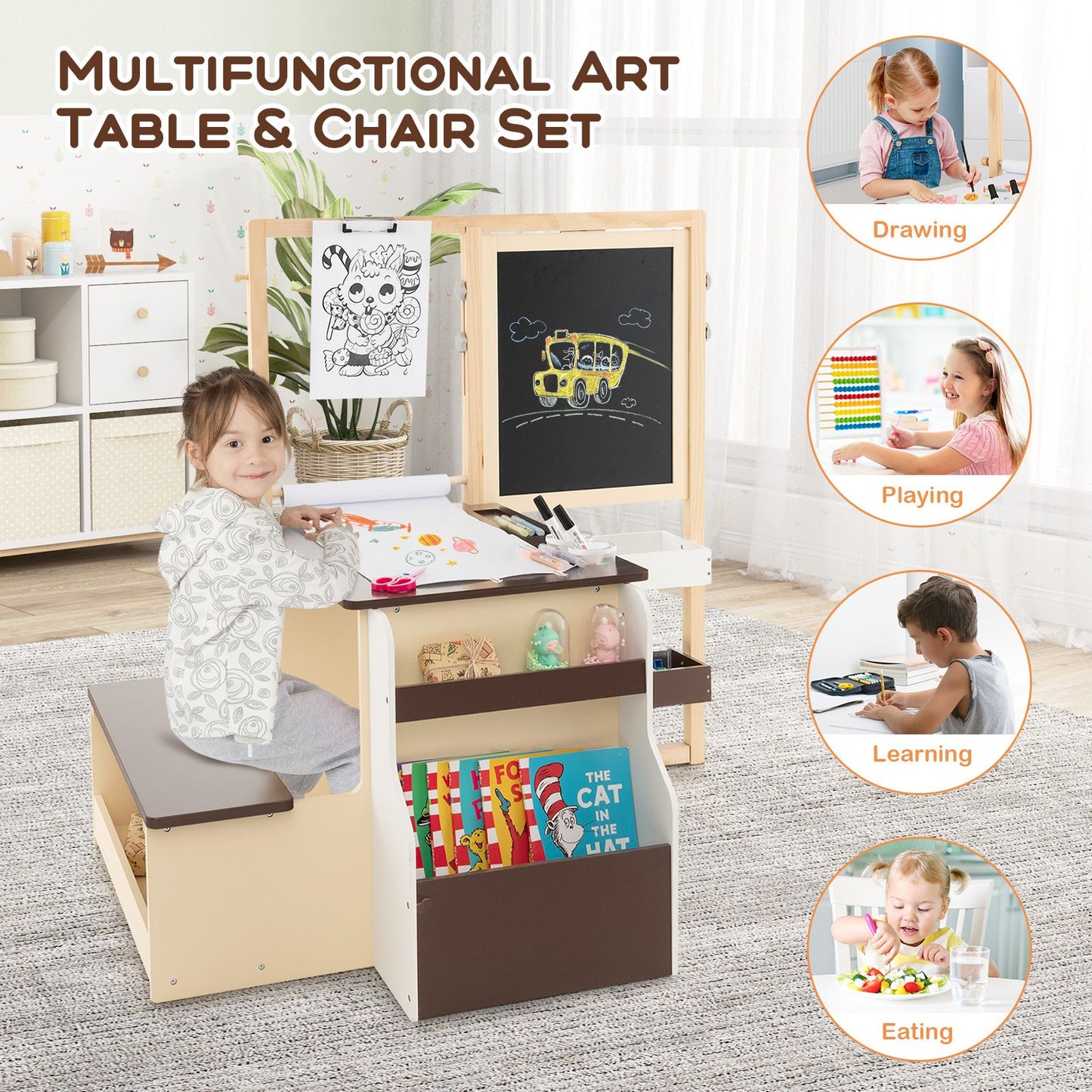 Delightful Children's Art Easel Table and Bench Set with Adjustable Easel and Integrated Bookshelf for Creative Play