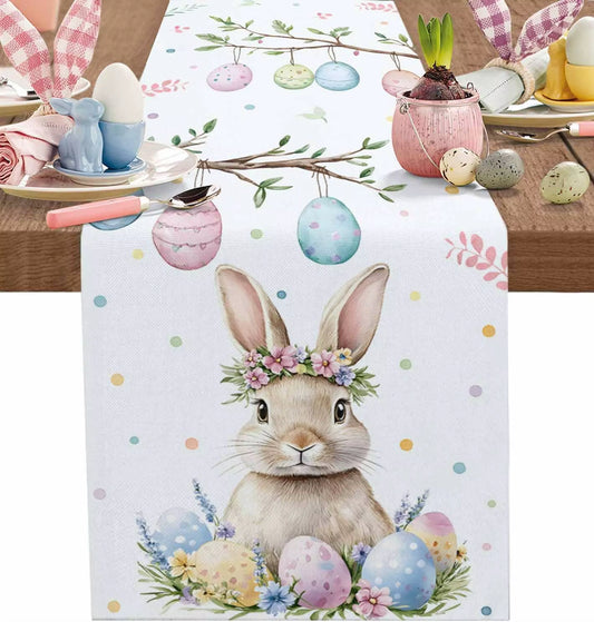 Colorful Easter Bunny Eggs Linen Table Runner - Festive Holiday Decor for Farmhouse Kitchen & Dining Table