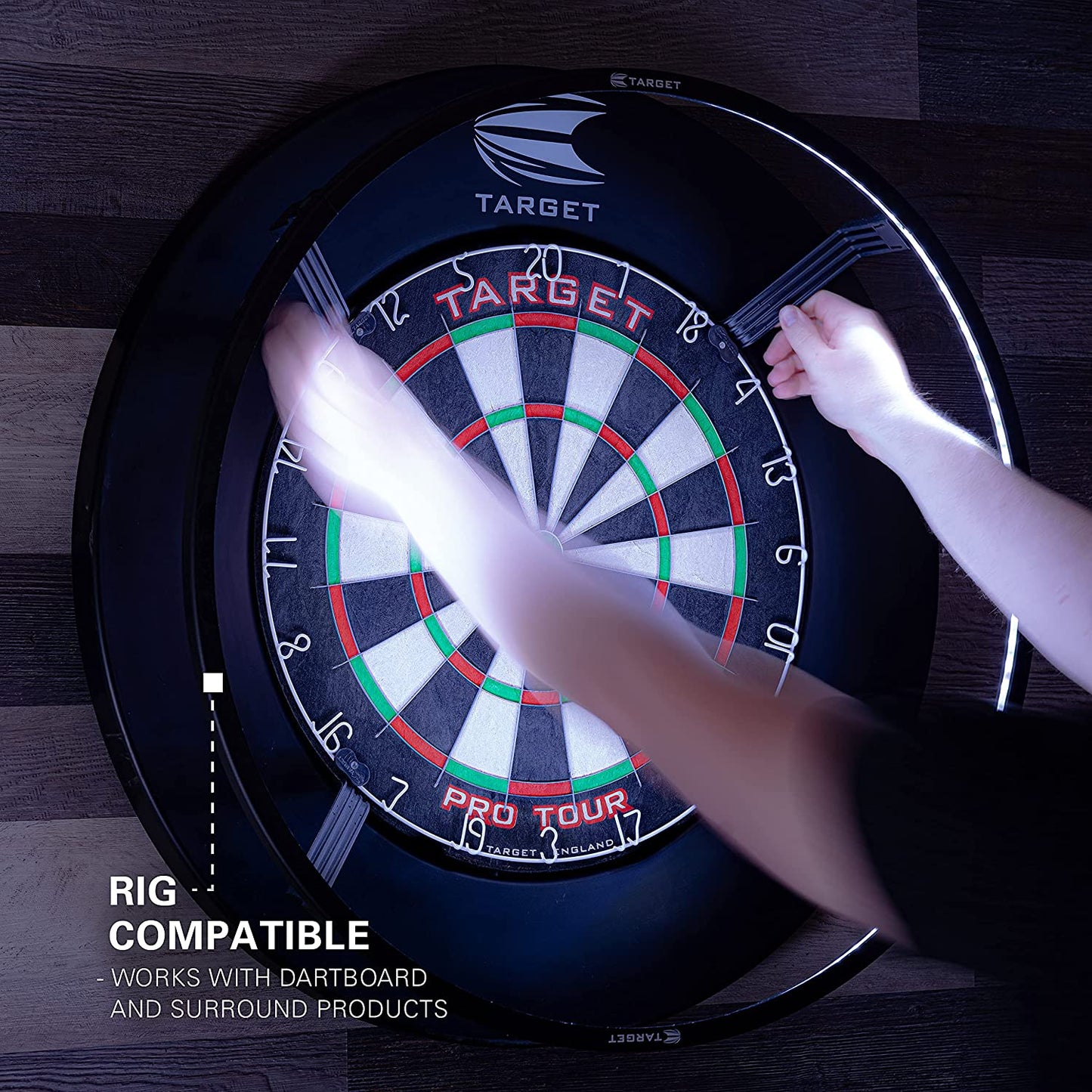 Corona Vision Lighting System for Dartboards with Black Frame and White LED Surround Ring, Compatible with Pro Tour and Championship Dartboards, and Oche Dart Mat