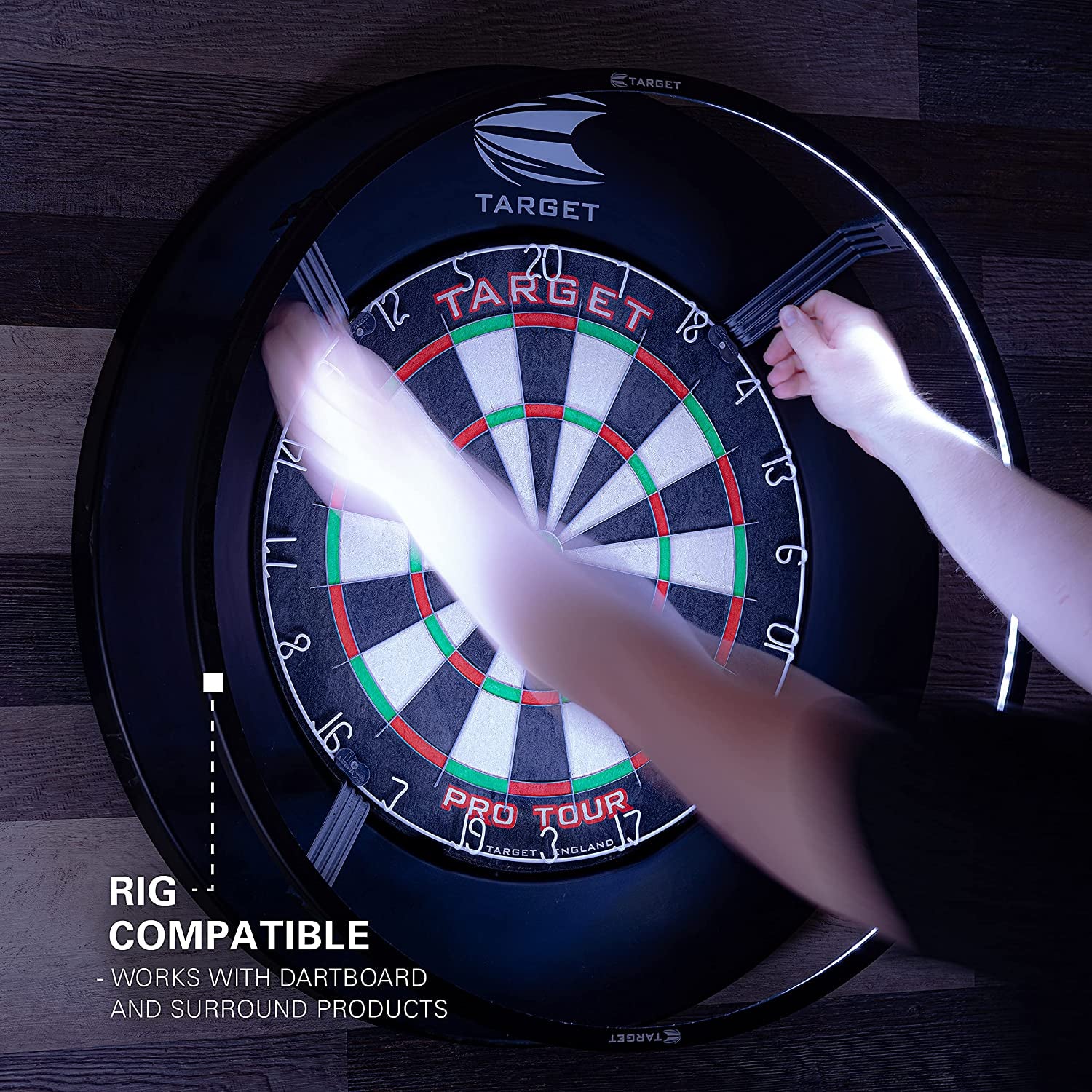Corona Vision Lighting System for Dartboards with Black Frame and White LED Surround Ring, Compatible with Pro Tour and Championship Dartboards, and Oche Dart Mat