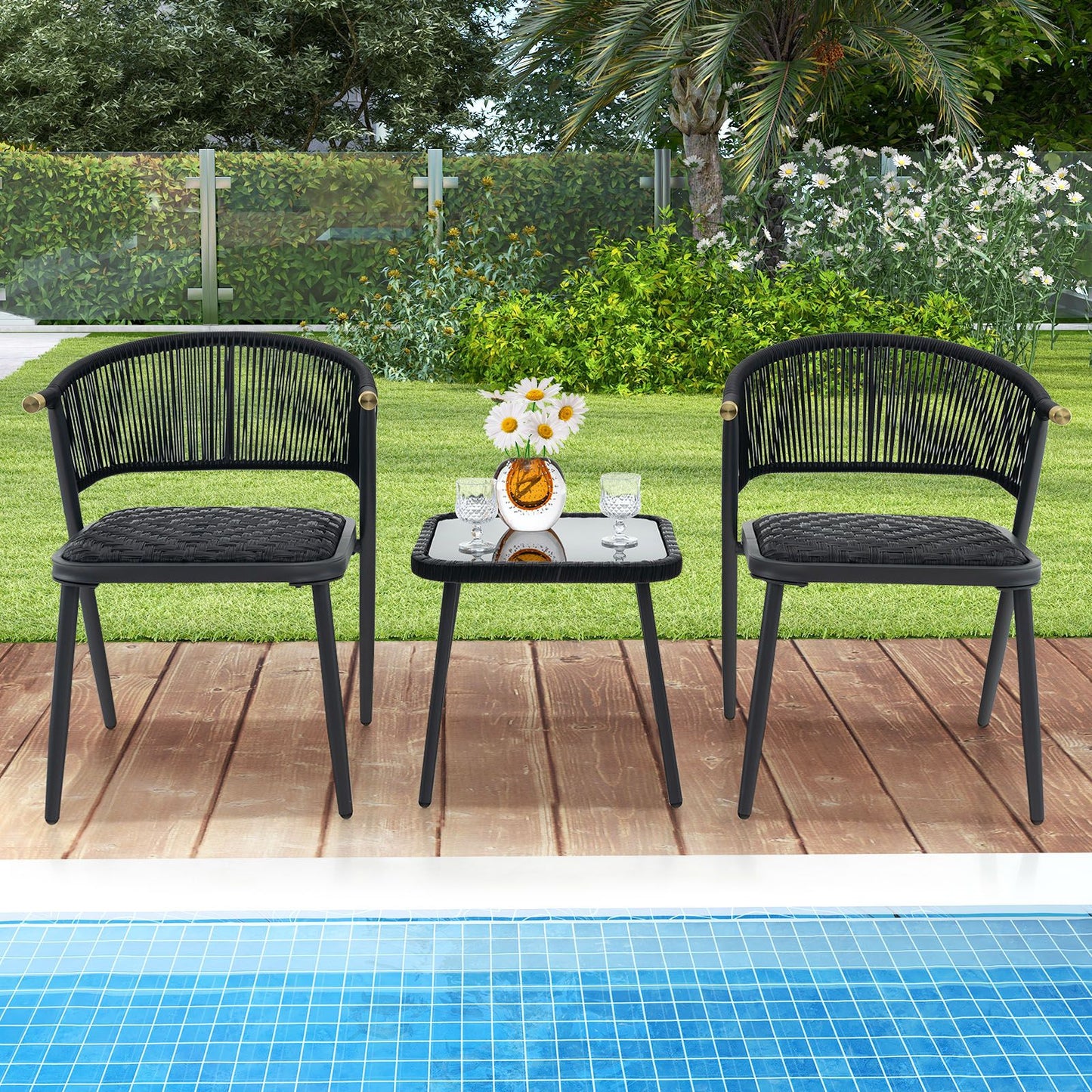 Three-Piece Outdoor Wicker Furniture Set Featuring Tempered Glass Coffee Table