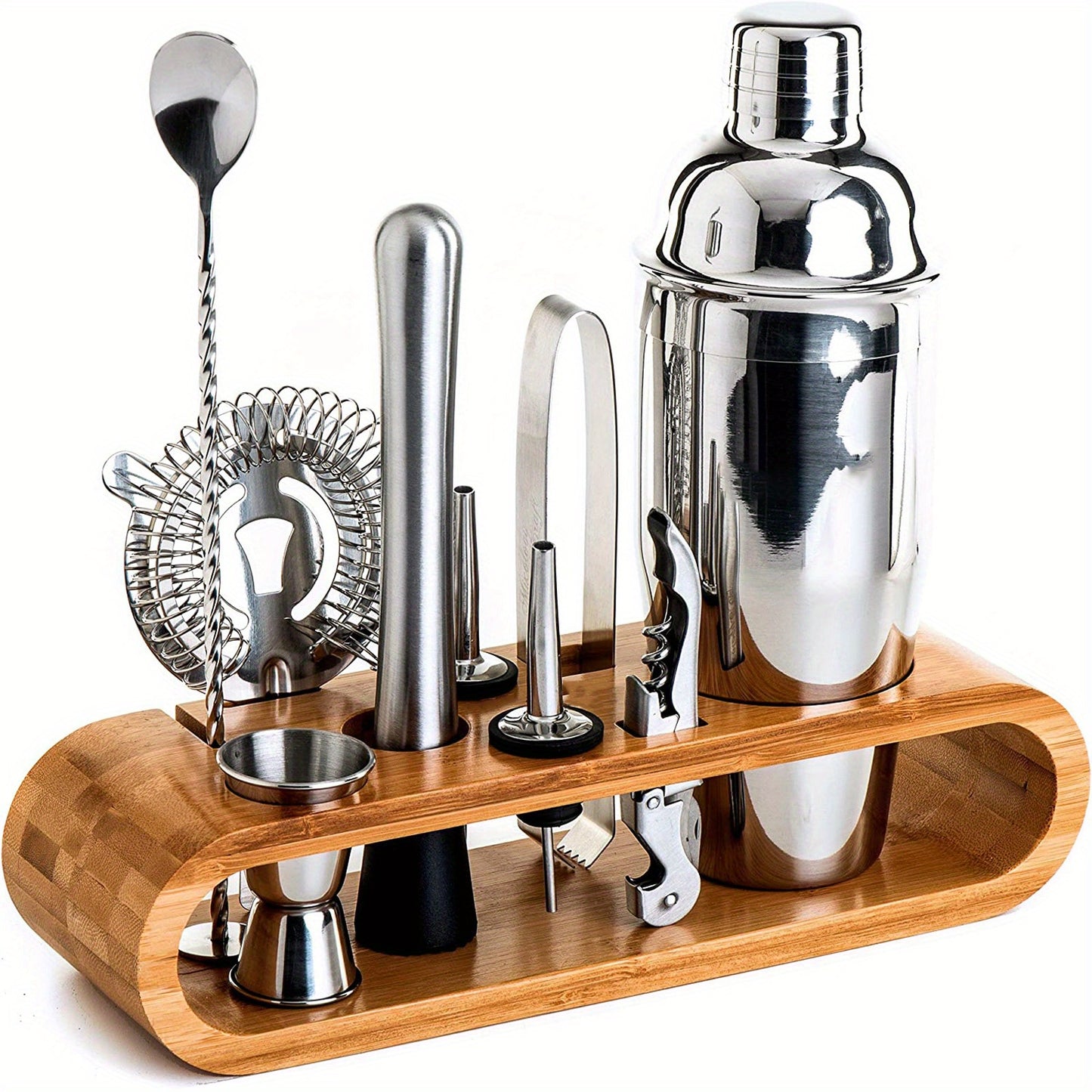 Heavy-Duty Stainless Cocktail Shaker Set & Bar Tools with Bamboo Stand