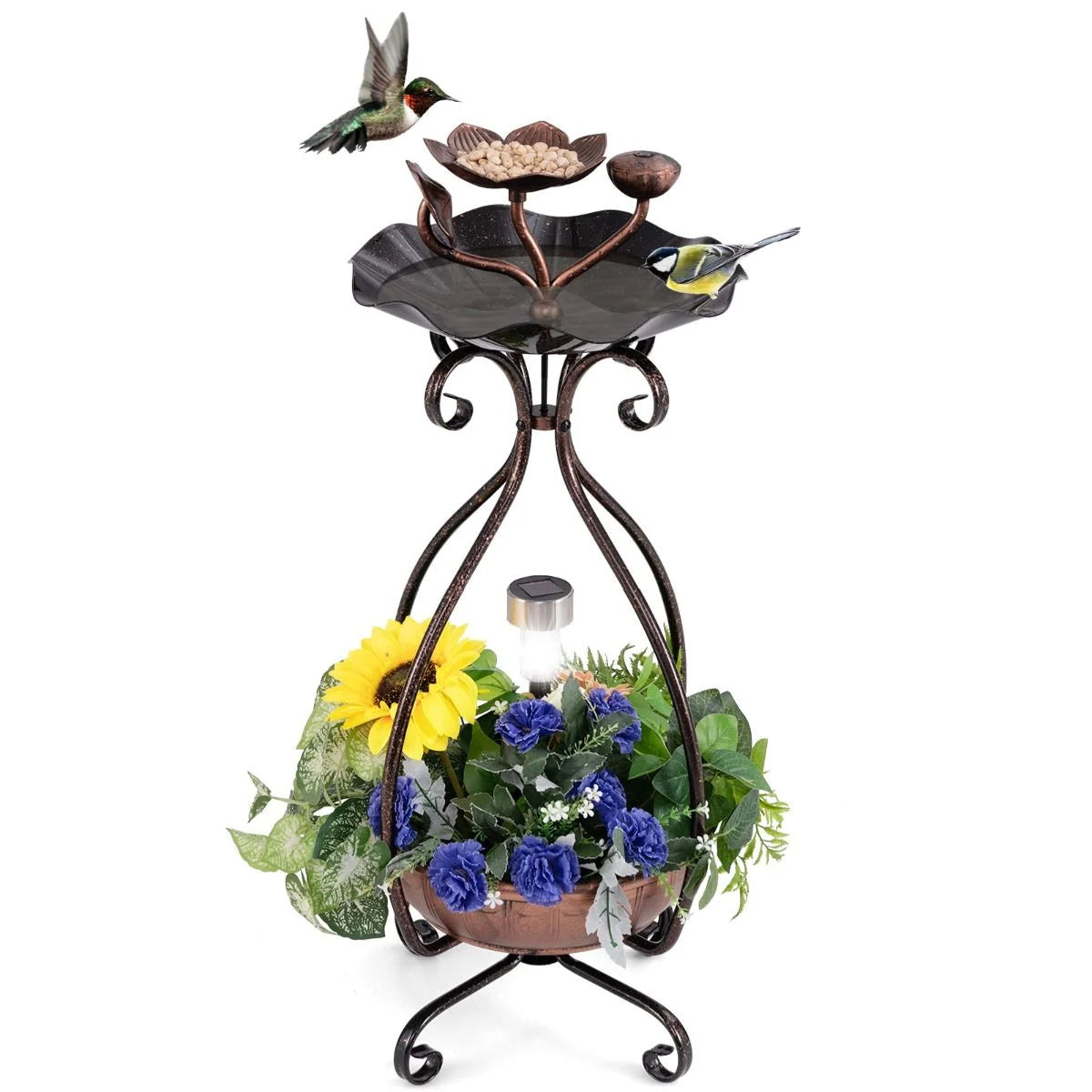 79 cm Solar-Powered Outdoor Bird Bath with Floral Planter Base and Integrated LED Lighting
