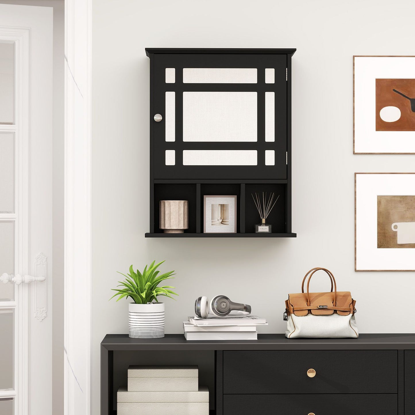 Mirror Door Bathroom Cabinet with Adjustable Shelf and 3 Compartments