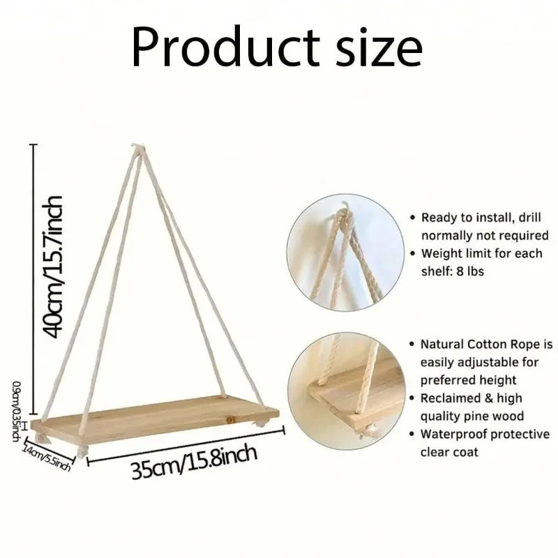 Stylish Wooden Swing Wall Shelf with Hemp Rope - Perfect for Plants, Flowers, and Home Decor