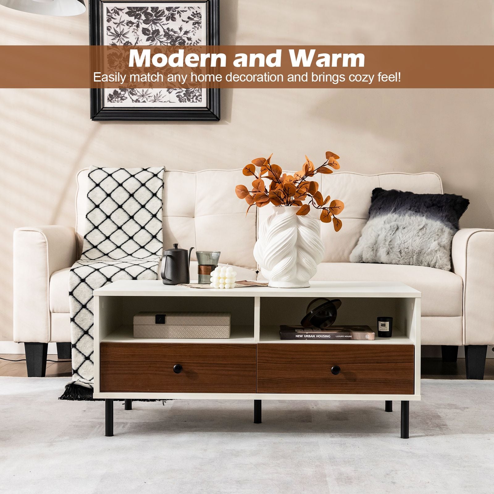 Rectangle Coffee Table with Durable Metal Legs for Home and Office Use