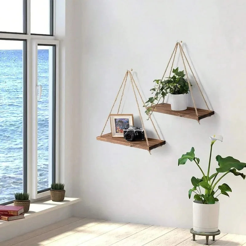 Stylish Wooden Swing Wall Shelf with Hemp Rope - Perfect for Plants, Flowers, and Home Decor