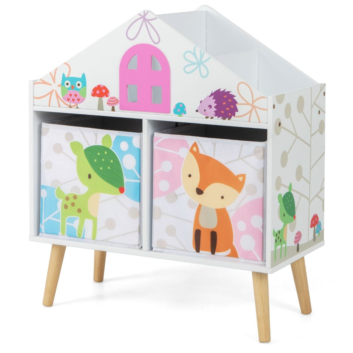 Children's House-Shaped Bookshelf with Two Storage Bins and Elevated Solid Wood Legs