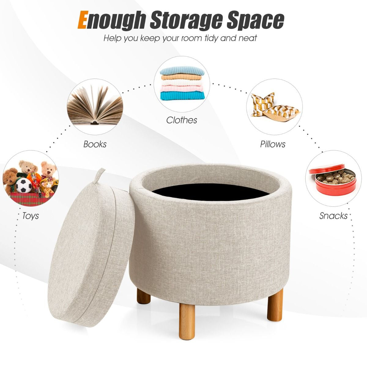Contemporary Round Padded Ottoman with Concealed Storage Compartment