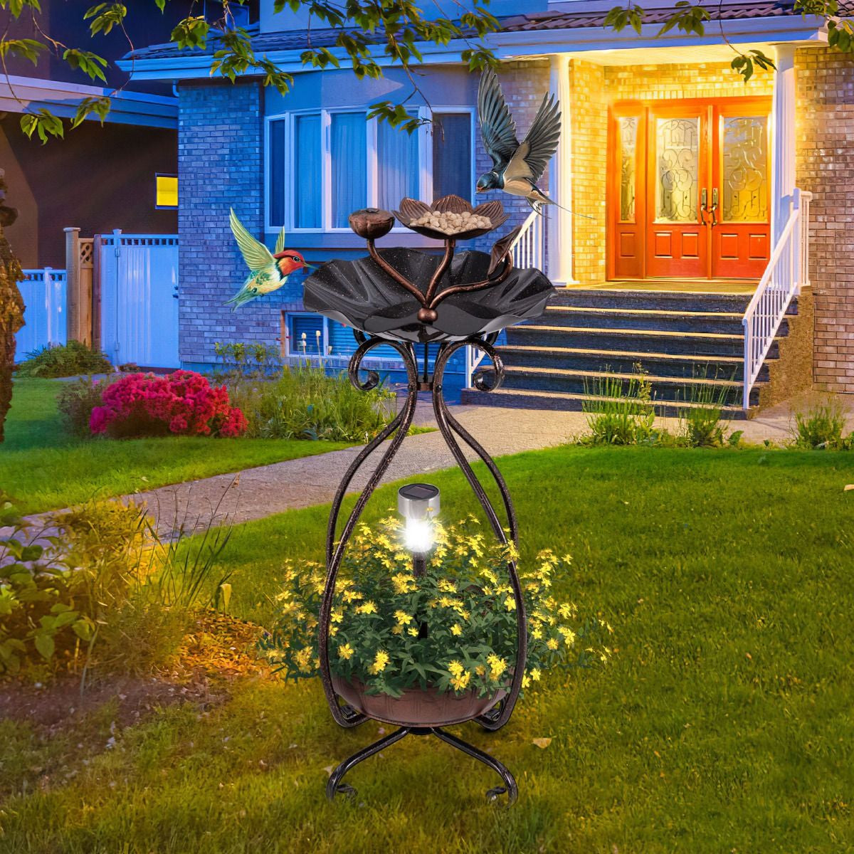 79 cm Solar-Powered Outdoor Bird Bath with Floral Planter Base and Integrated LED Lighting