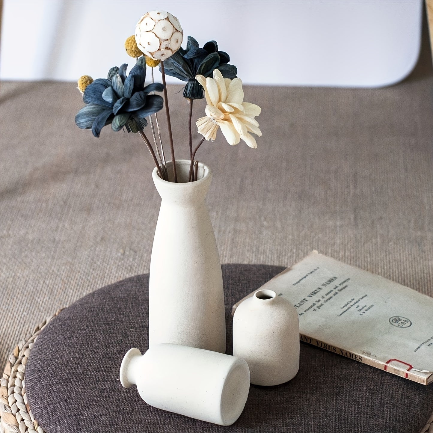 3pcs Bohemian Ceramic Vase Set - Matte Finish, Geometric & Floral Designs