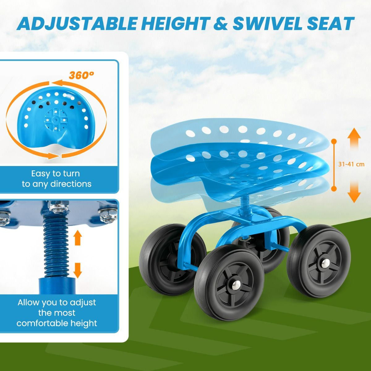 Garden Workseat with 360° Swivel Seat and Adjustable Height
