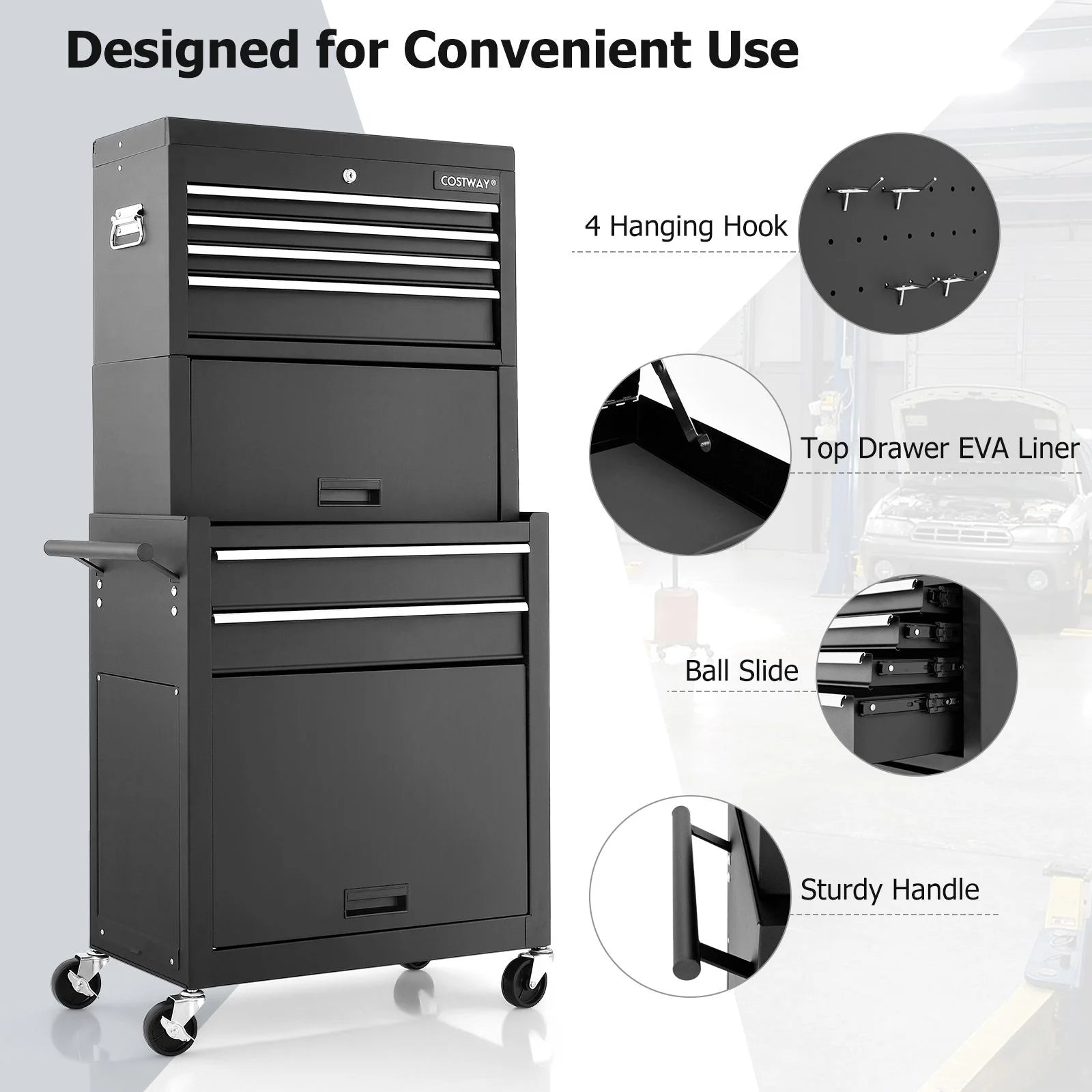Premium Lockable Tool Storage Cabinet with Handle, Drawers, Wheels & EVA Liner for Ultimate Organization