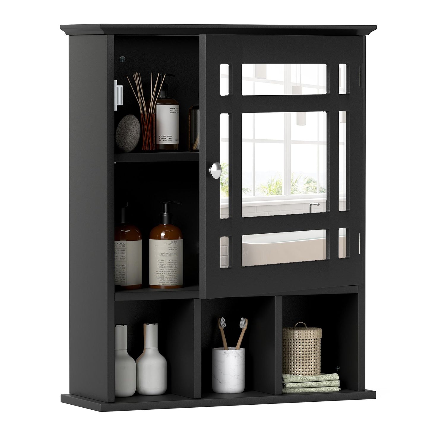 Mirror Door Bathroom Cabinet with Adjustable Shelf and 3 Compartments
