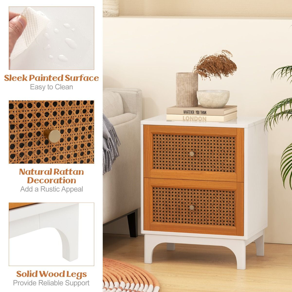Bohemian Accent Table Featuring Two Handwoven Rattan-Decorated Drawers