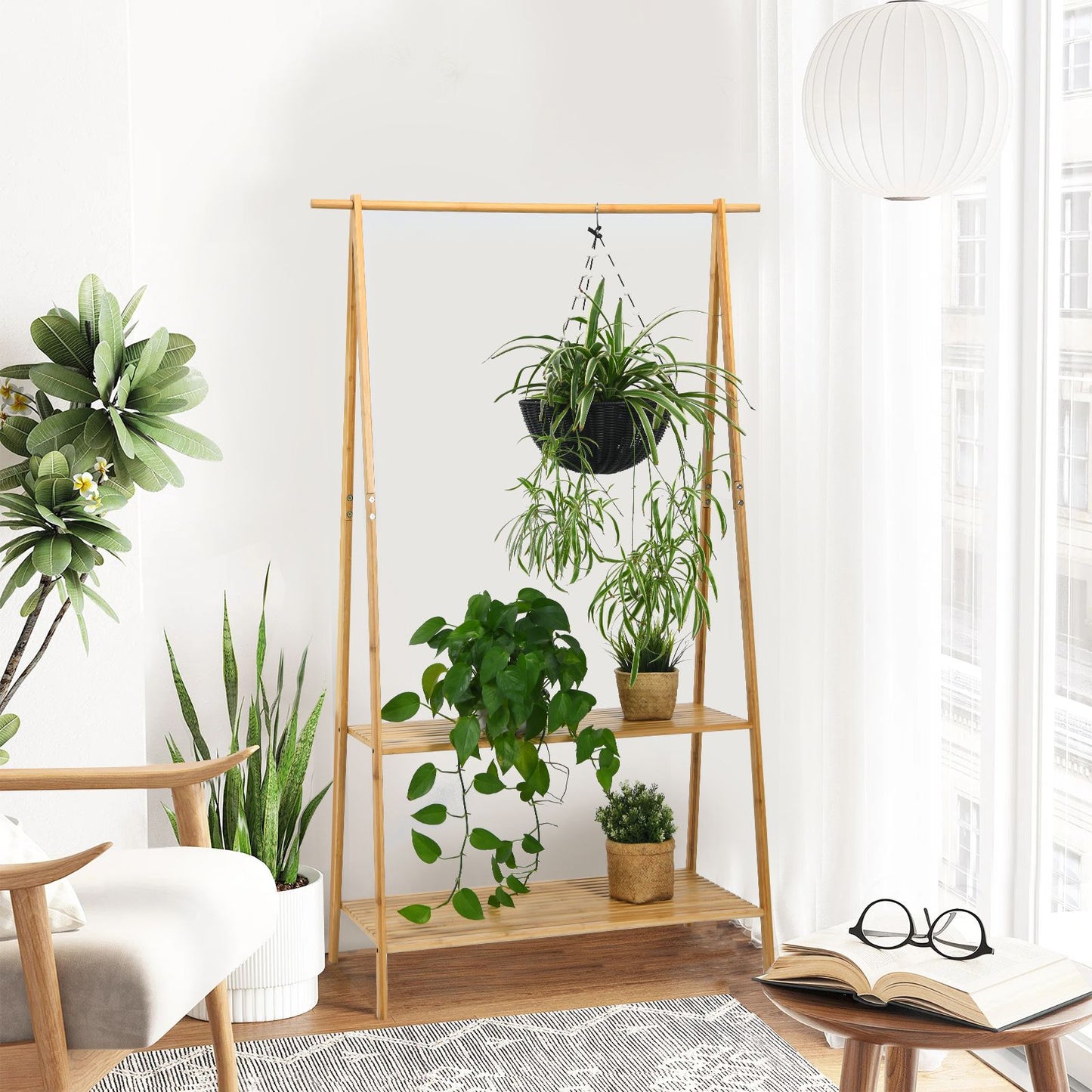 Bamboo Clothing Rack with Hanging Rod, Two Shelves, and Hooks