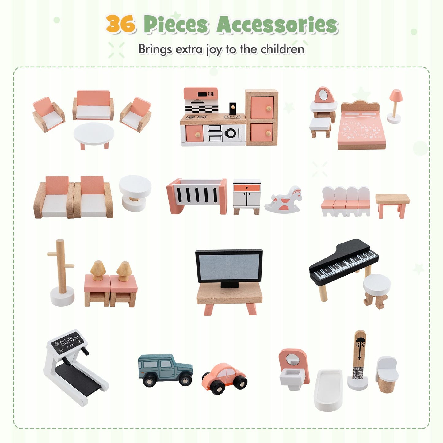 Deluxe Wooden Dollhouse with 36 Accessory Pieces for Children