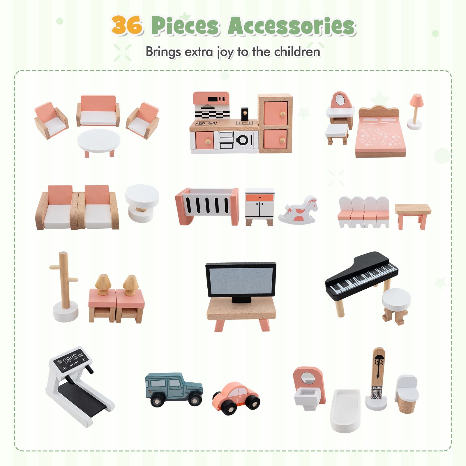 Deluxe Wooden Dollhouse with 36 Accessory Pieces for Children